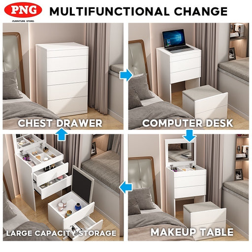 ?MY Stock?Meja Solek Nordic Bedside Dressing Table With Mirror Can Change Chest Drawer Makeup Table With Drawer?Storage Stool