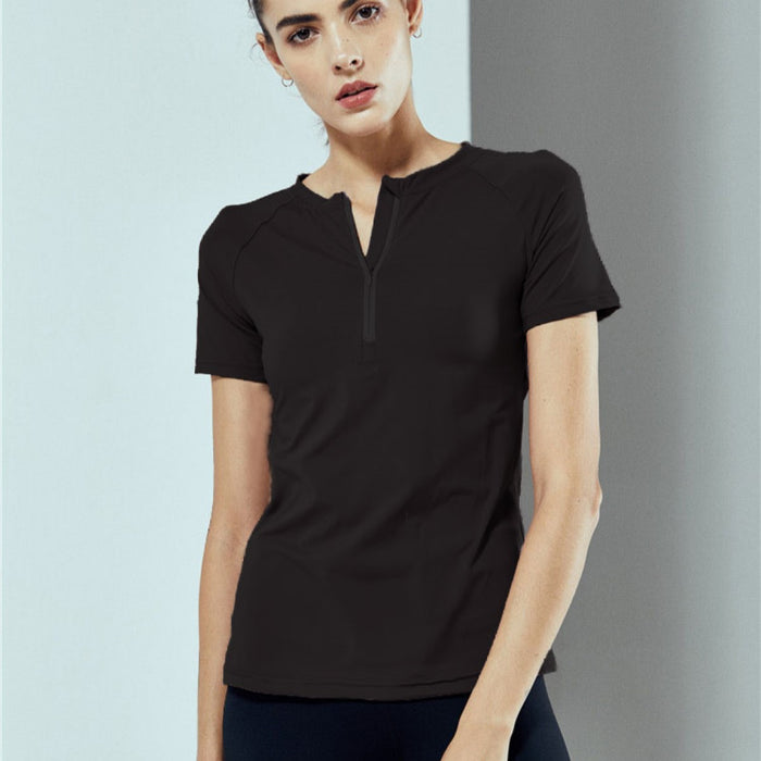 SALE - SORA Mix Net Fabric Front Zip Short Sleeve Shirt