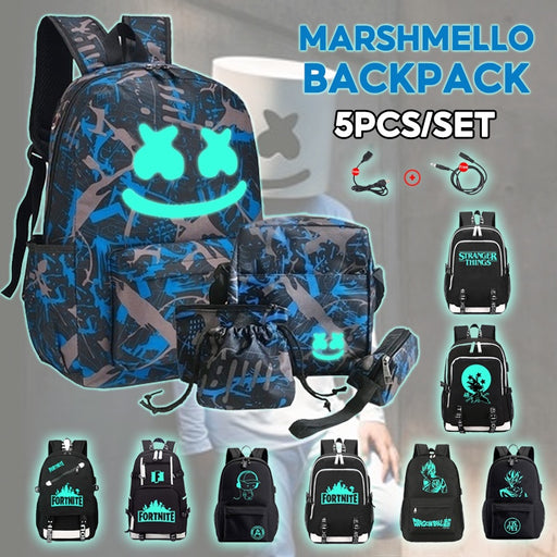 5 In 1 Luminous Beg Sekolah Lelaki Canvas School Backpack Waterproof High Capacity Black Student Bag Breathable Laptop Bag With USB