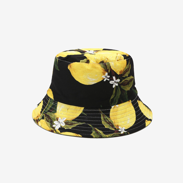 Lemon Flower Print Reversible Bucket Hat