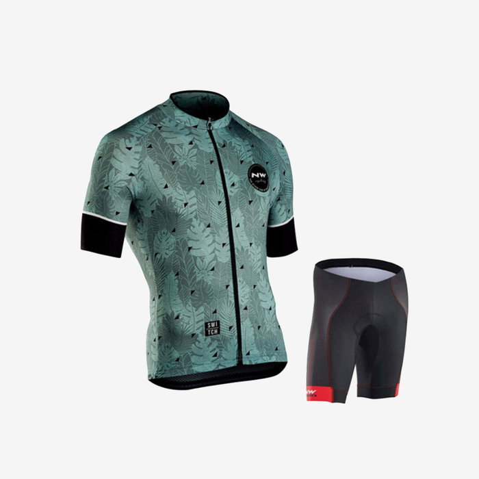 Ash Tree Printed UV Protection Men's Cycling Clothing Set-Steel Green