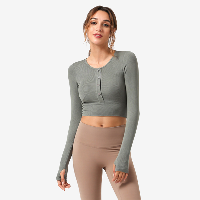 Button Long Sleeves Padded Crop Top