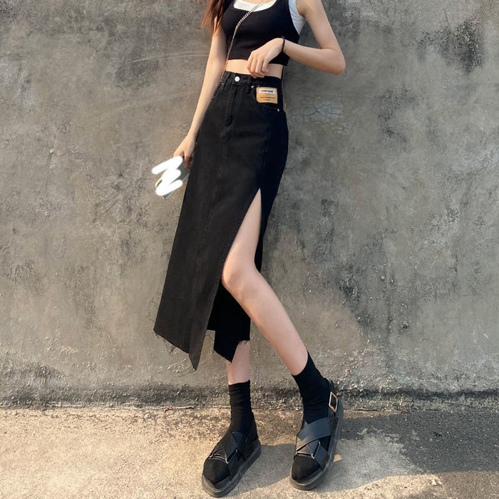 VIO (Defect) Woman High Slit Black Denim Skirt