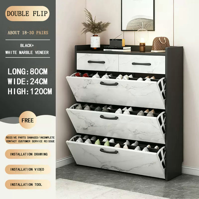 Nordic Double Flip Shoe Cabinet Wooden Shoe Organizer With Drawer Storage Cabinet Golden Edge Large Capacity Kabinet Kasut Kayu Mewa