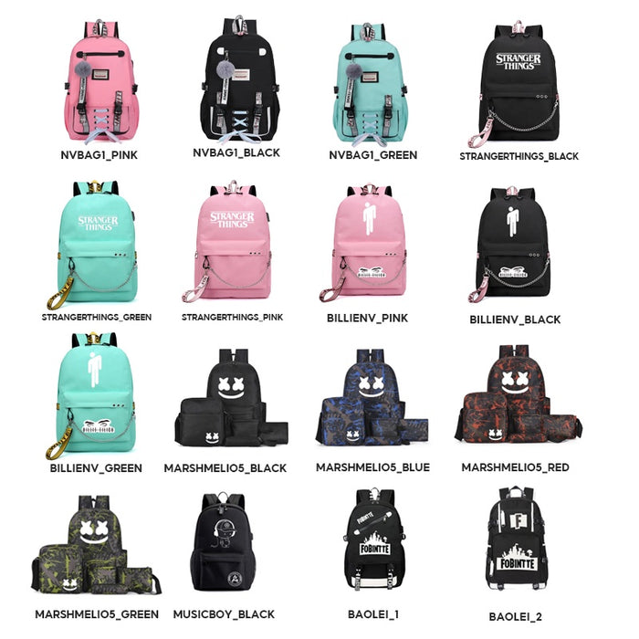Korean Bag Pack School Backpack Fashion Beg Sekolah Perempuan With USB Port Laptop Backpack Girl Large Capacity Student Bag Waterproof Luminous Bagpack 5 Piece Set